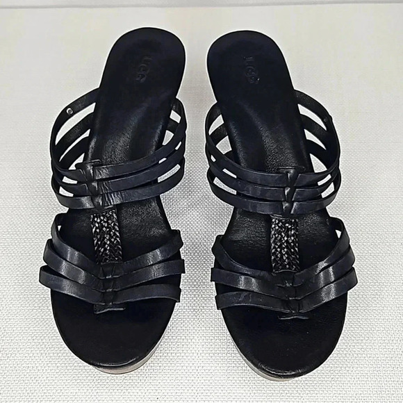 UGG Mattie Black Leather Platform Wedge Stacked Heel Sandal Women's Size 10 - Picture 3 of 15